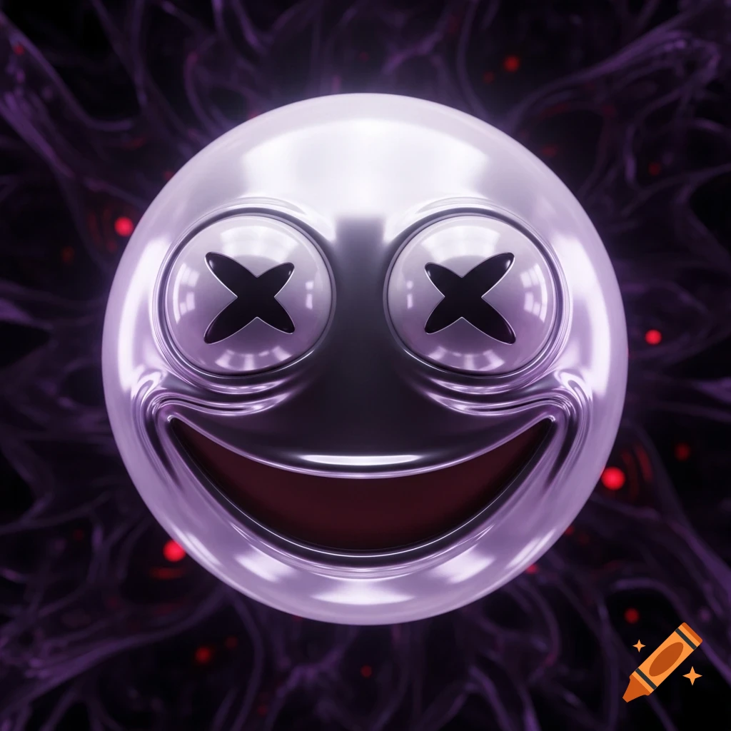 A shiny, silver, creepy emoji face with cross-shaped eyes and a wide, dark smile, against a dark purple, wispy background.