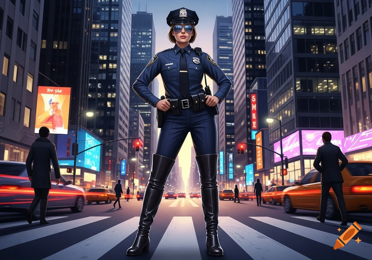 Photorealistic image of a female police officer in a blue uniform and black leather boots, standing on a city crosswalk at dusk.