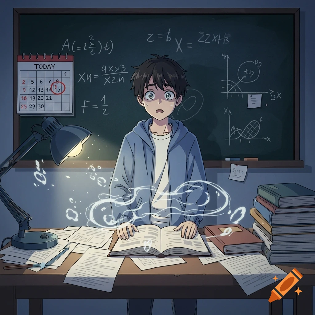 An anime-style image of a distressed student at a desk, surrounded by books and papers, with a blackboard full of equations behind them.