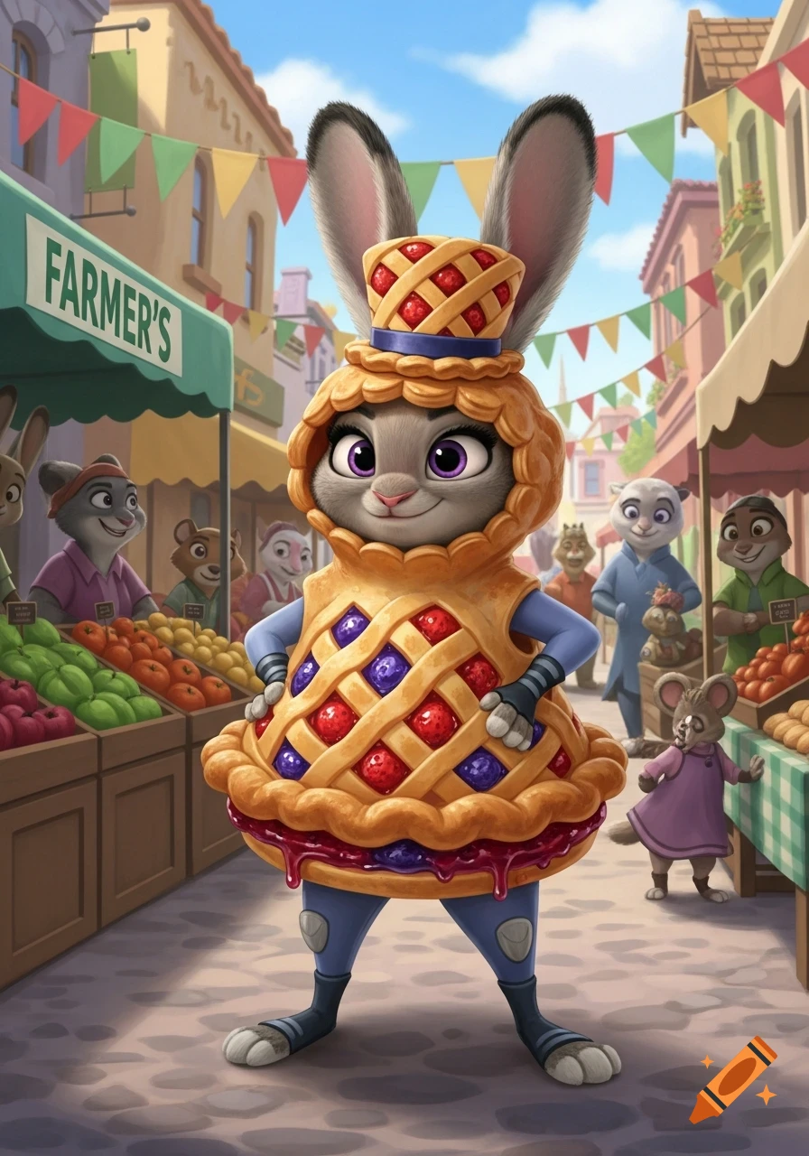 Judy Hopps in a pie costume standing in a bustling outdoor market with other anthropomorphic animals.