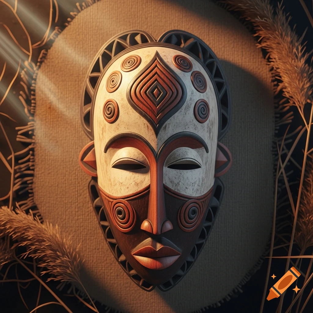 A detailed, carved African mask with tribal patterns in red, black, and white, set against a textured background with dried reeds.
