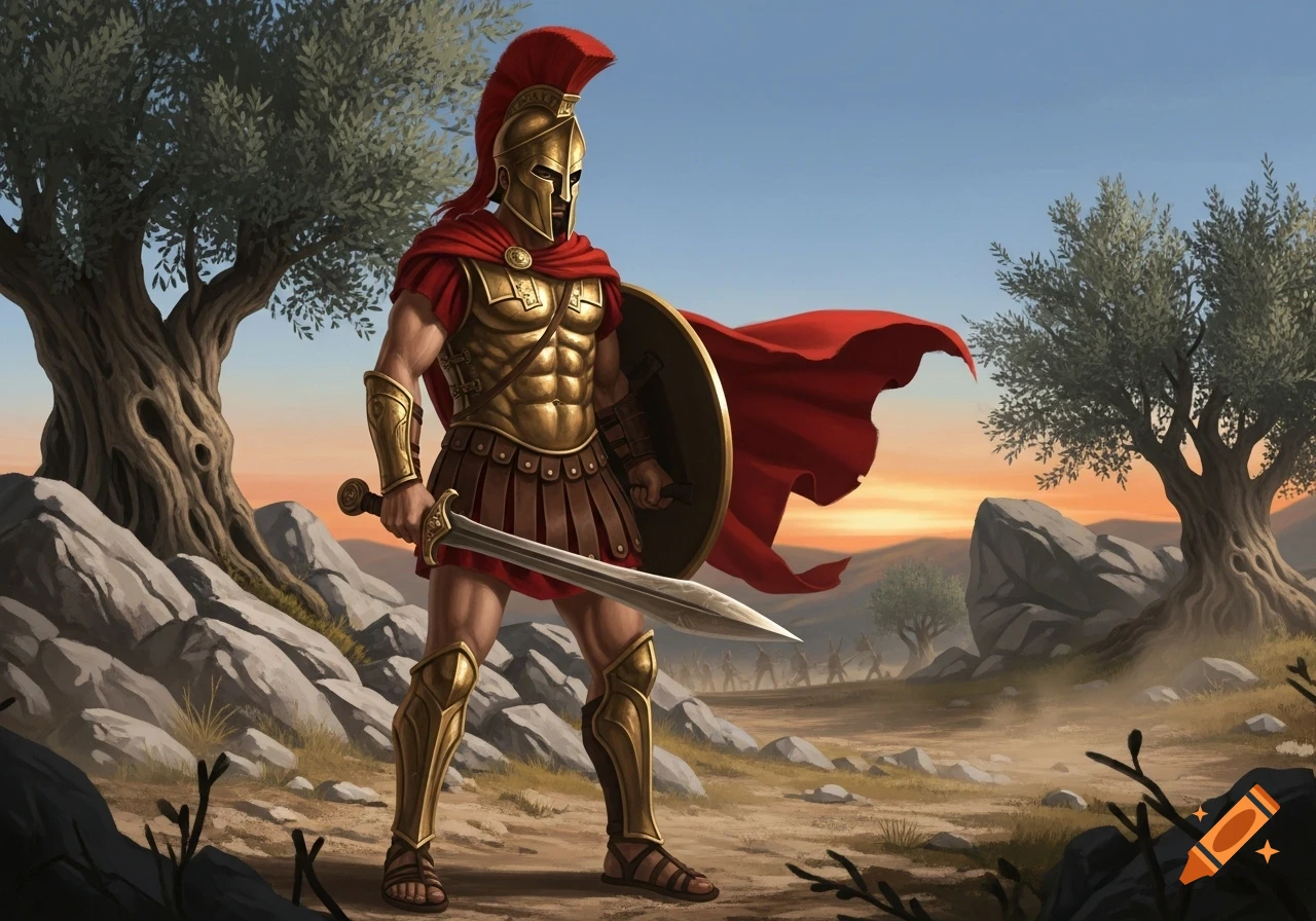 An armored Spartan warrior in a red cape stands with a sword and shield in a rocky landscape with olive trees at sunset.