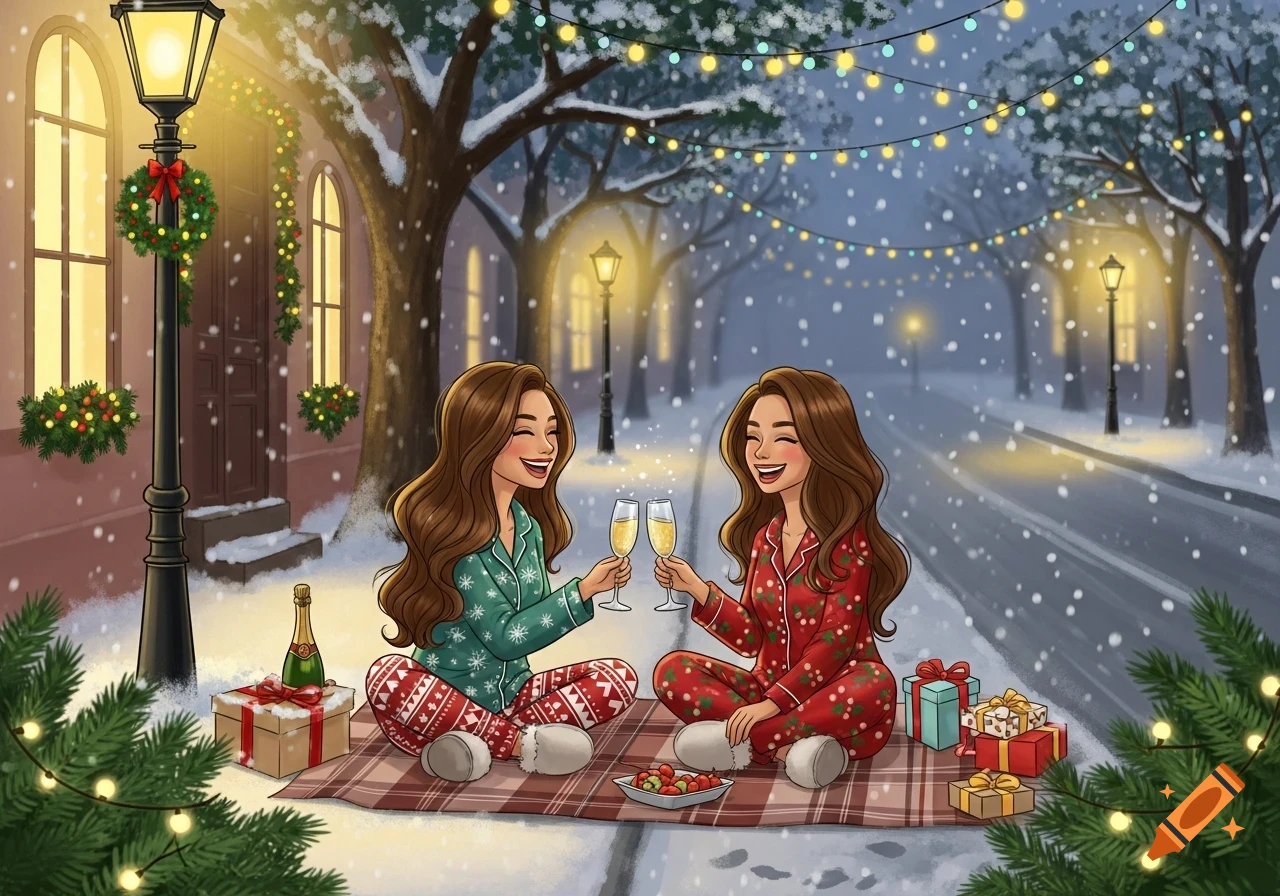 Two smiling cartoon women in Christmas pajamas toast with champagne during a snowy night street picnic.