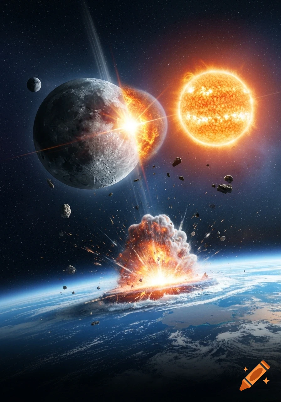 A moon collides with the sun above Earth, causing a giant explosion with scattering asteroids in space. Photorealistic style.