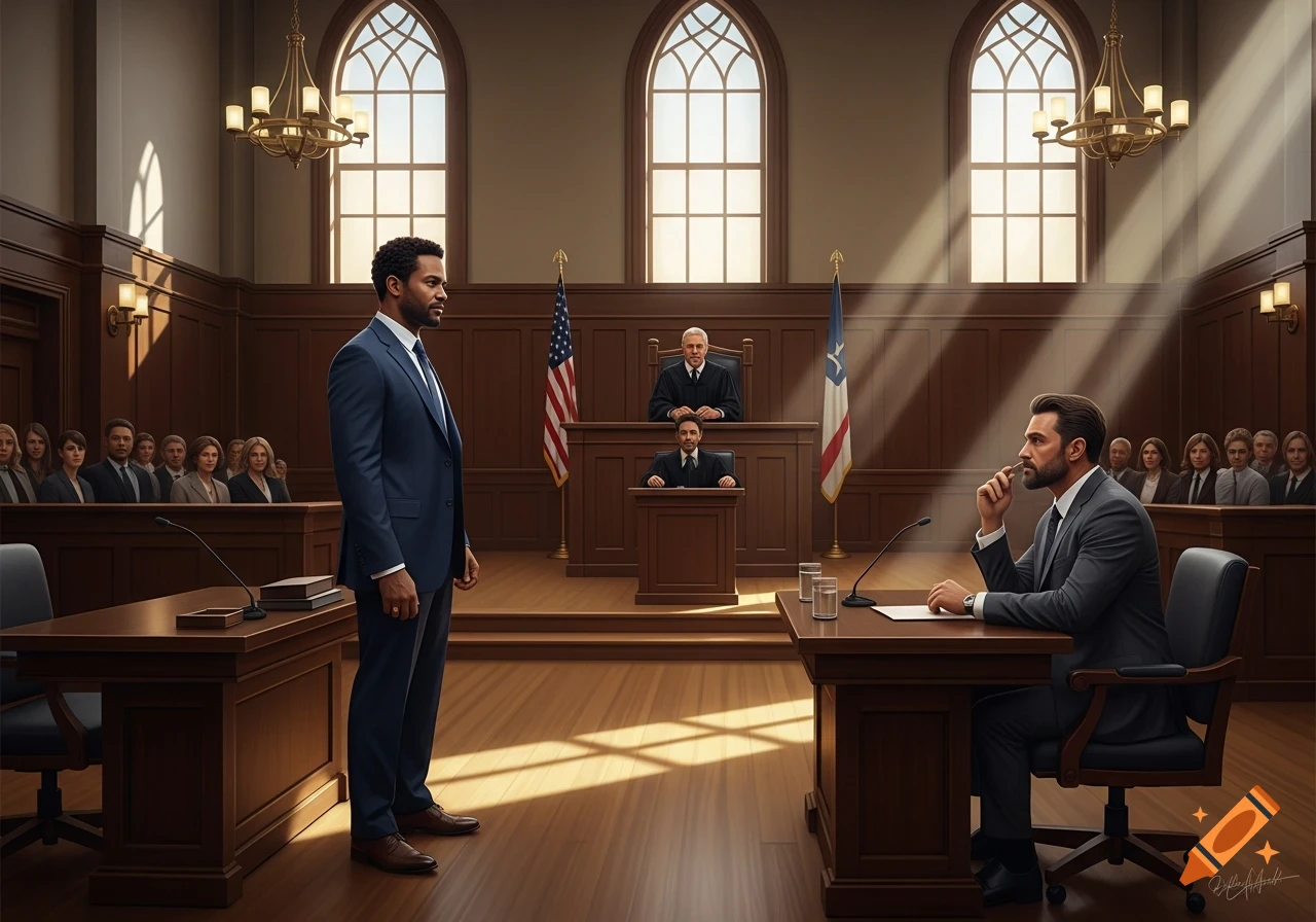 Two men in suits, a judge, and an audience in a grand photorealistic courtroom during a legal proceeding.