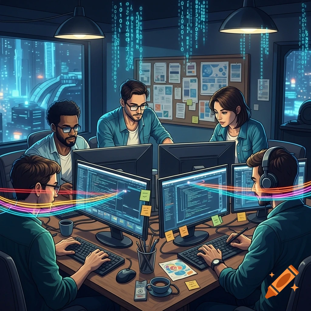 Four web developers working on computers in a dark, neon-lit office, with binary code falling from the ceiling.