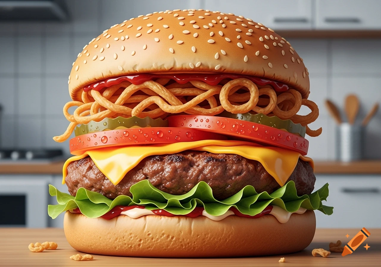 A large, photorealistic burger with sesame buns, fried onions, tomato, lettuce, melted cheese, and a beef patty on a wooden table in a kitchen.