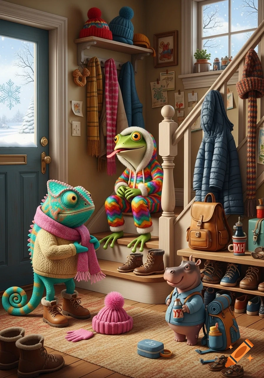 A frog in a rainbow snowsuit sits on stairs, a chameleon in winter clothes, and a hippo packing a backpack in a cozy entryway with snow outside.