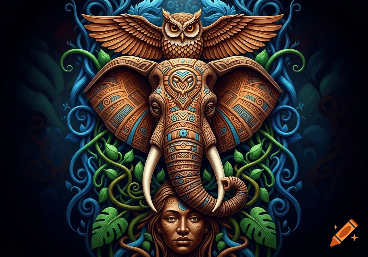 Stylized tribal art featuring an ornate elephant head, an owl, and a serene human face amidst blue and green organic patterns.