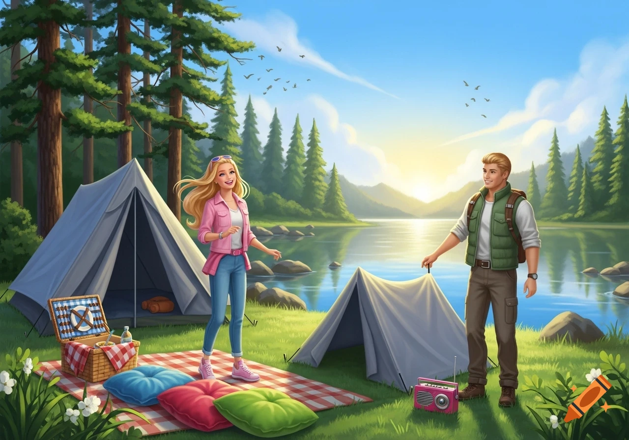 Barbie and Ken set up camp by a serene lake surrounded by pine trees, with a picnic and tents.