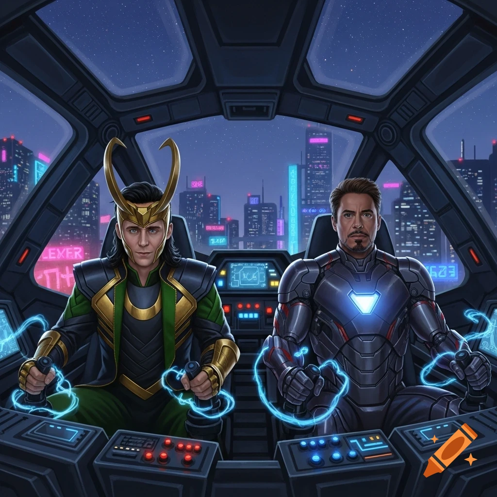 Loki and Tony Stark in his Iron Man suit pilot a futuristic spaceship with glowing blue controls against a cyberpunk city night skyline.