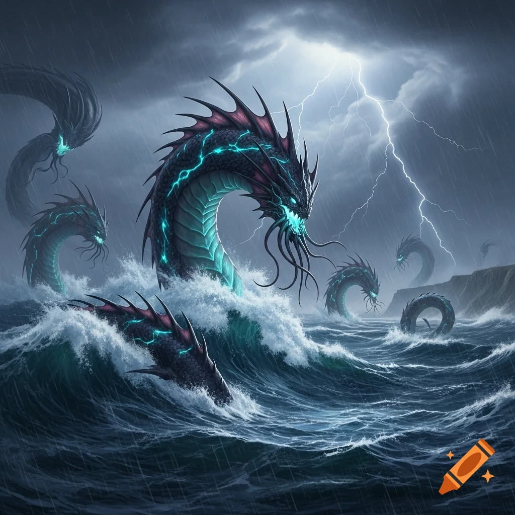 Several glowing sea monsters emerge from stormy, dark waves under a lightning-filled sky.