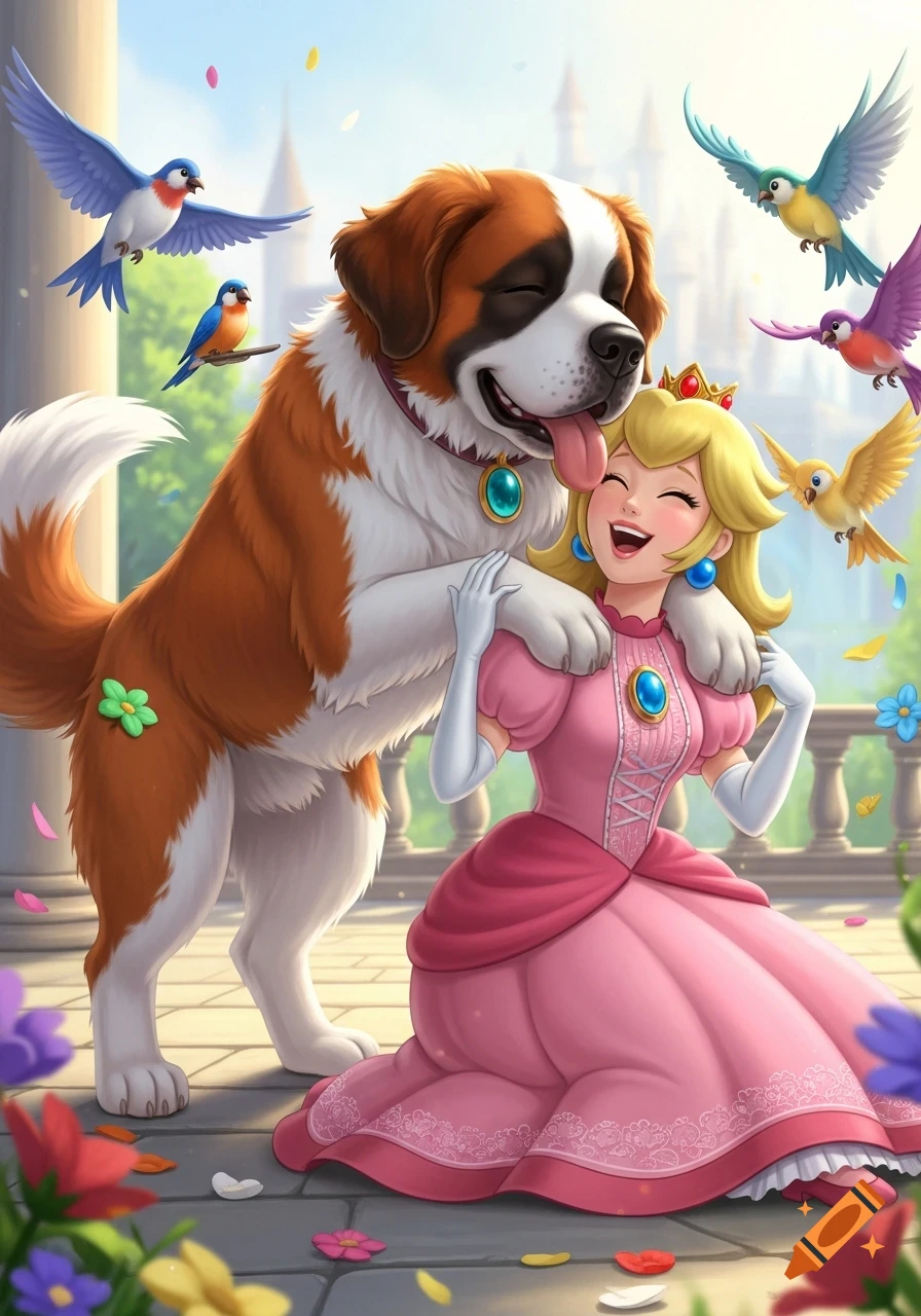 Princess Peach laughs as a happy St. Bernard dog licks her face, surrounded by birds and colorful flowers in a vibrant cartoon.
