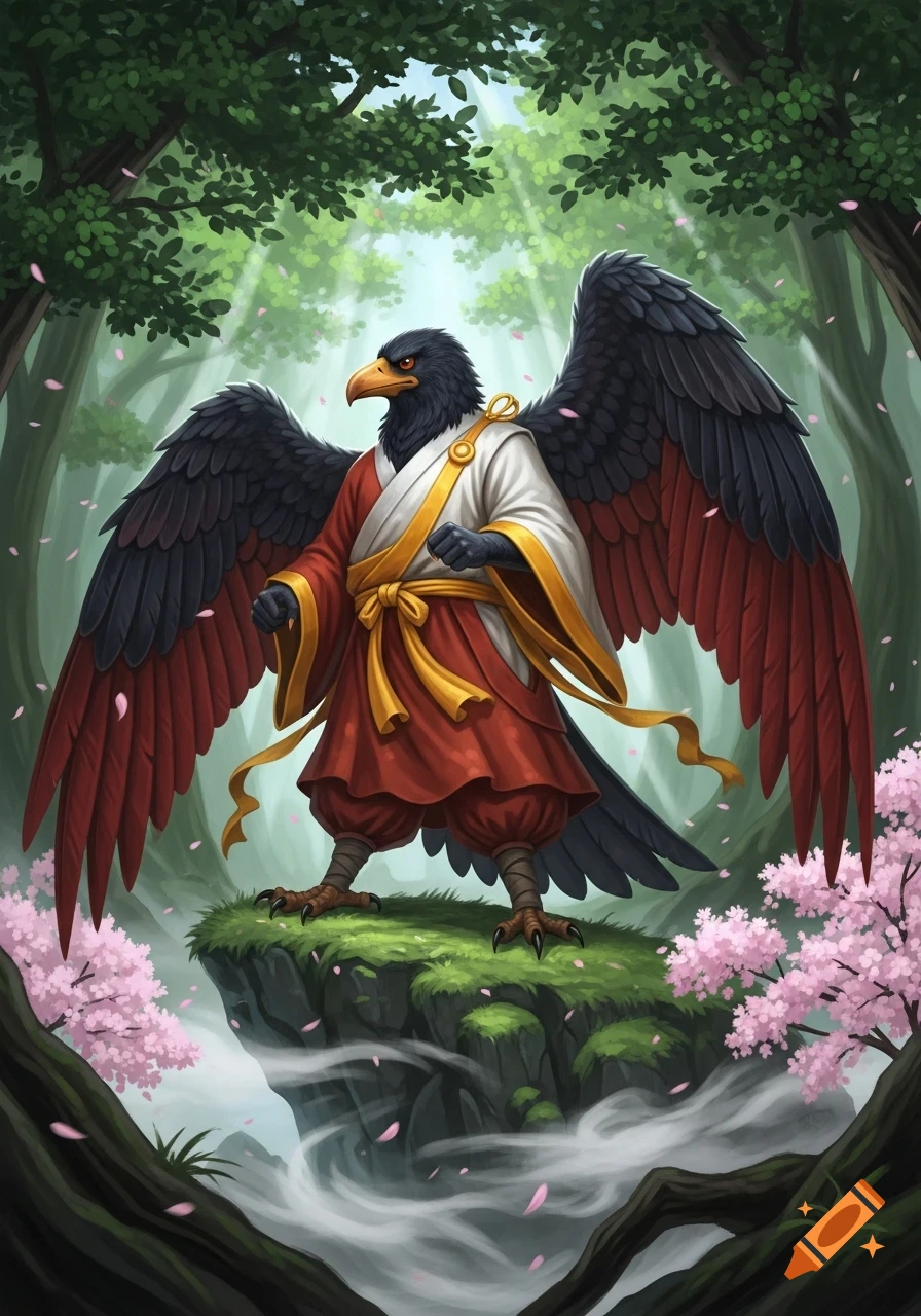 A majestic dark-feathered Tengu in a red and white kimono stands on a misty rock in a lush forest with pink cherry blossoms, digital art.