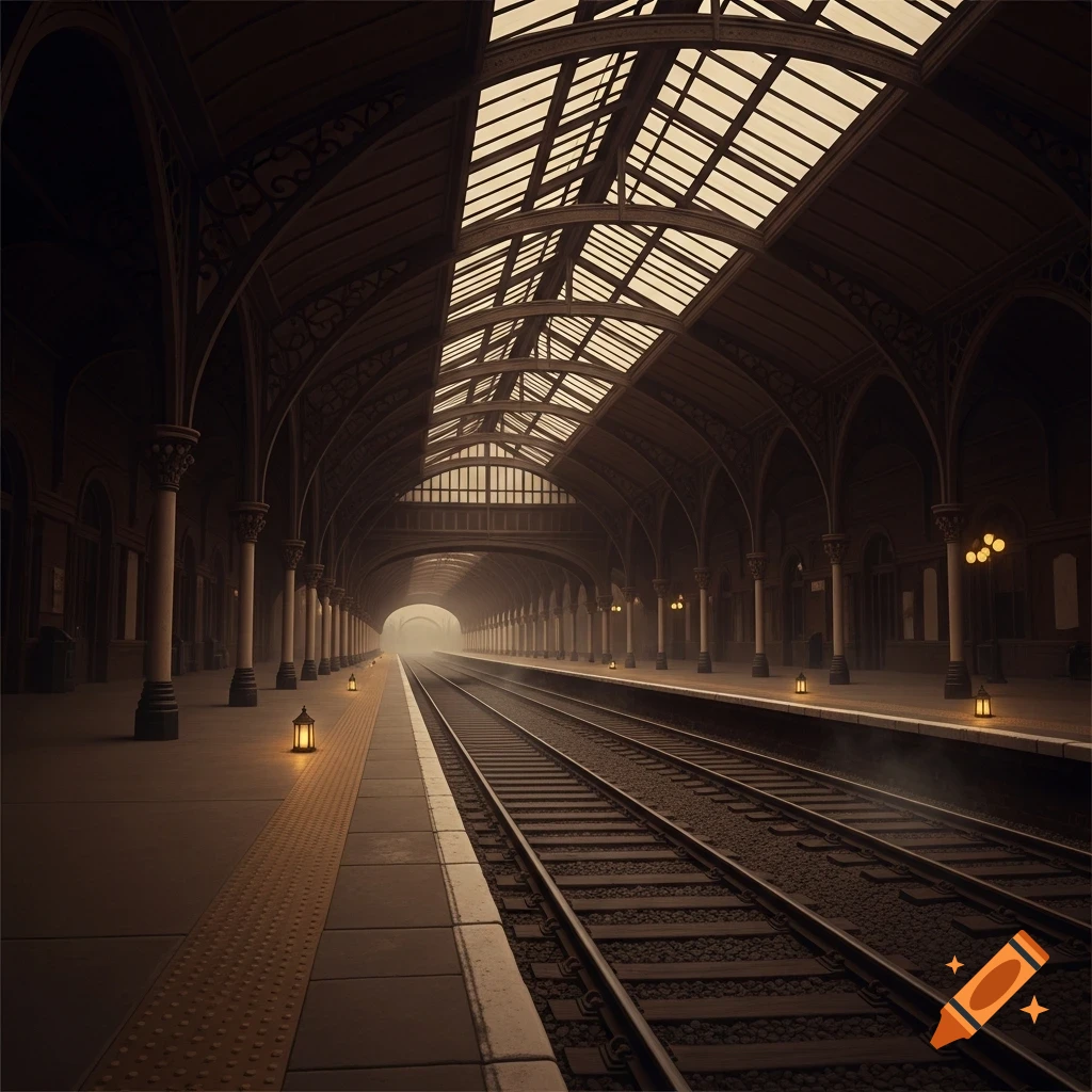 Empty, dark brown train station with tracks, platform, and a long, arched, skylit roof extending into the misty distance.