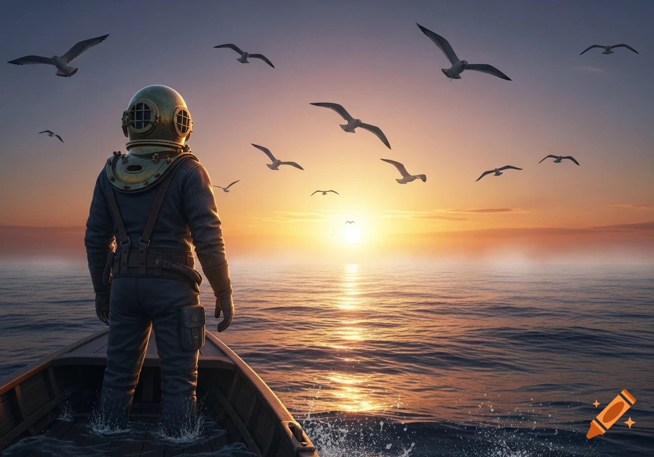 A diver in an old brass helmet stands in a small boat, looking at a vibrant sunset over the ocean with seagulls flying.