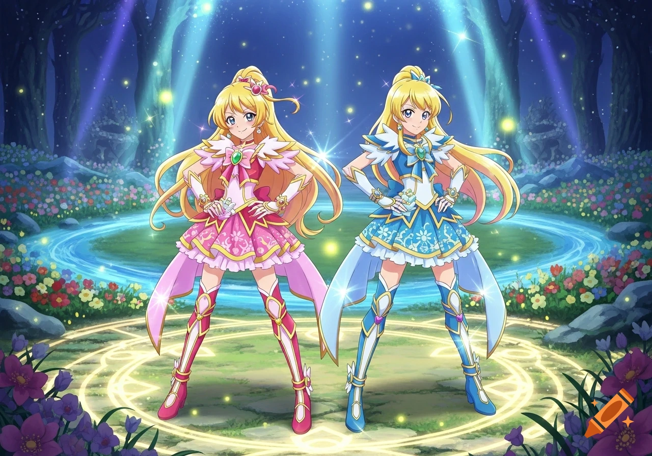 Two anime magical girls in pink and blue dresses with long blonde hair stand in a glowing enchanted forest.