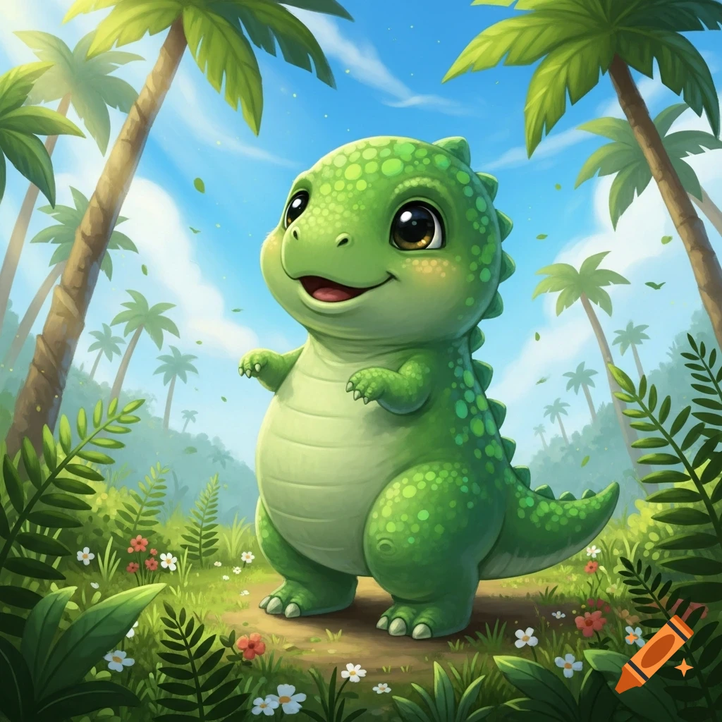 A cute, smiling green baby dinosaur stands in a lush jungle with palm trees and flowers, in a cartoon style.