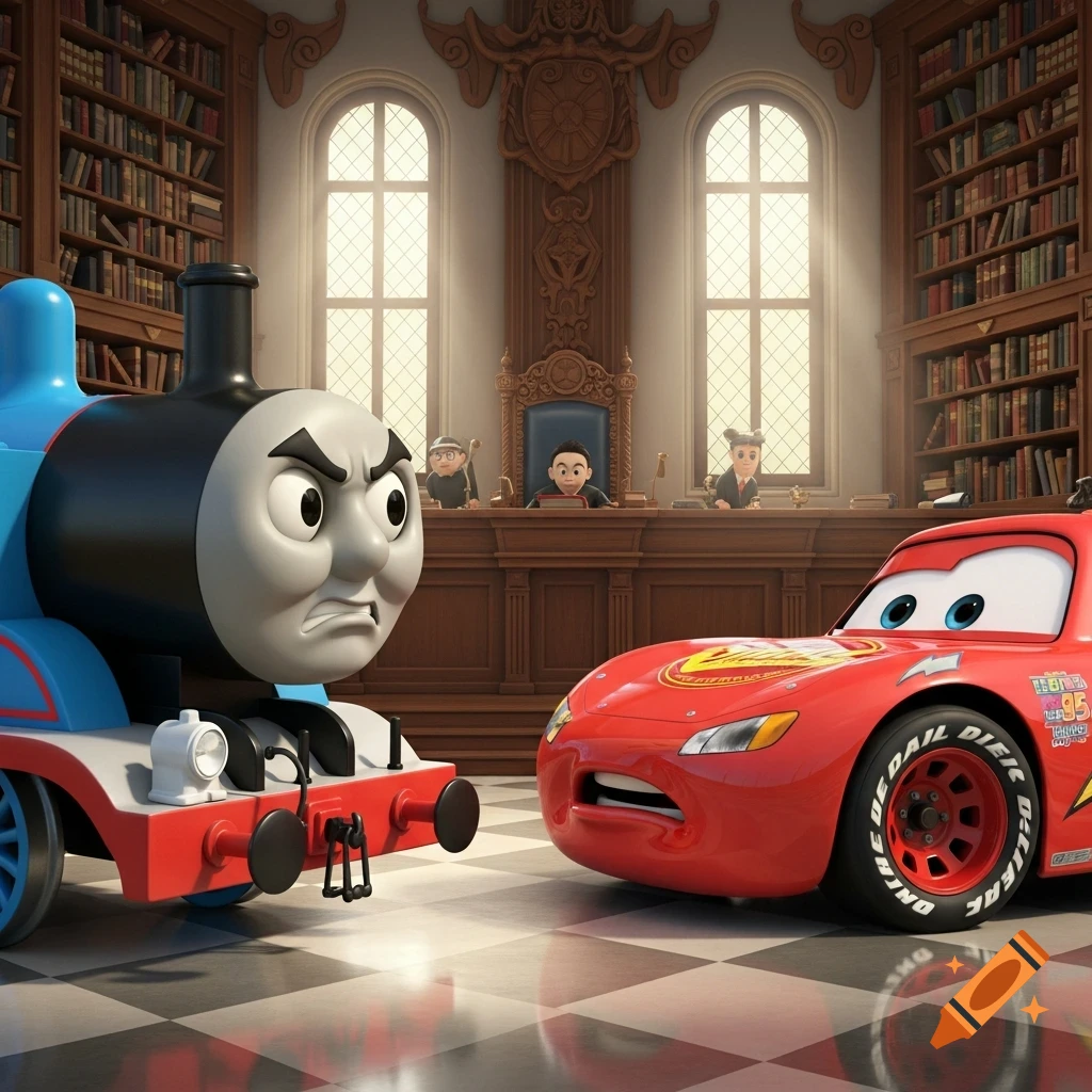Angry Thomas the Tank Engine faces a shocked Lightning McQueen in a grand courtroom with judges at a wooden bench and many bookshelves.