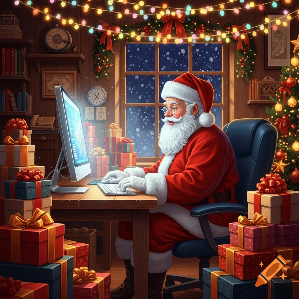 Santa Claus types on a computer in a cozy, snow-dusted Christmas workshop, surrounded by gifts and festive lights.