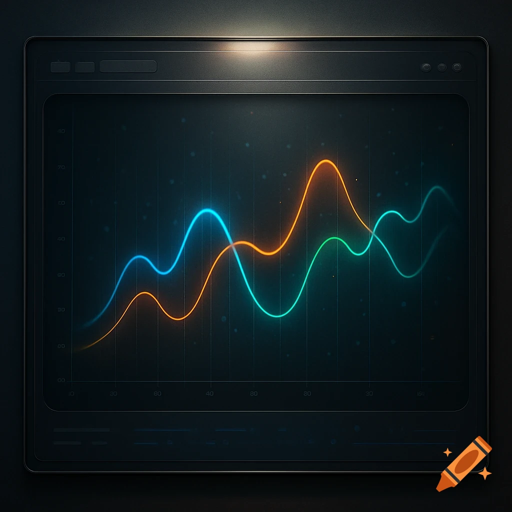 A dark digital screen displays a line graph with glowing blue, orange, and green undulating lines against a dark background with faint gridlines.