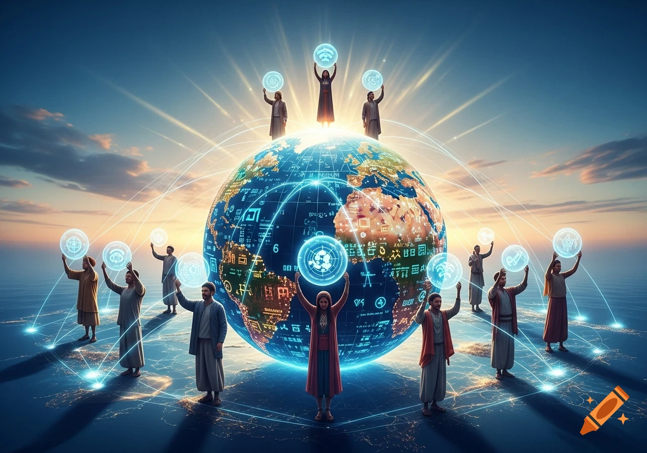 People in various attire stand around a glowing digital globe, holding luminous orbs connected by light trails, under a vast sky.