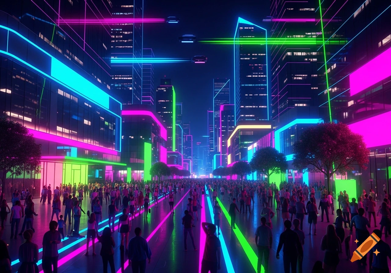 A bustling futuristic city at night, illuminated by vibrant pink, blue ...
