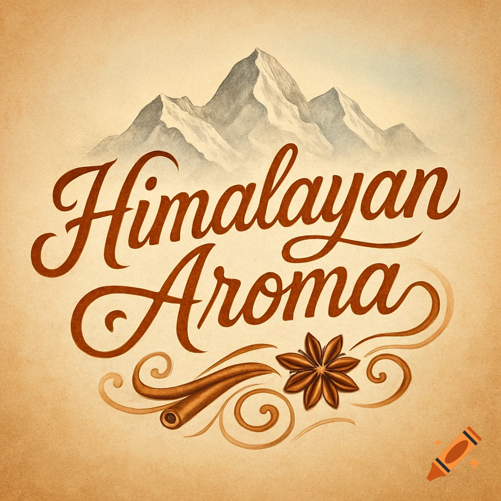 Vintage logo for 'Himalayan Aroma' with cursive text, stylized mountains, cinnamon stick, and star anise on a textured background.