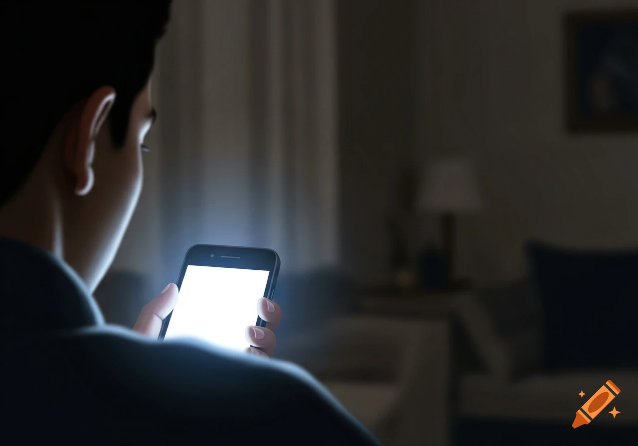 A person viewed from behind holds a brightly lit smartphone in a dimly lit room, casting light on their hand and face in an illustrative style.