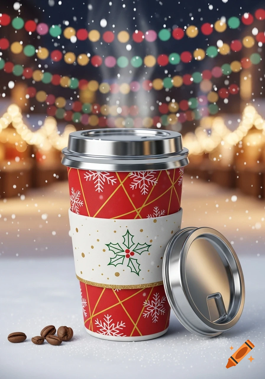A red Christmas-themed hot beverage cup with snowflakes and holly, steam rising, on snow with coffee beans and a blurry winter market background.
