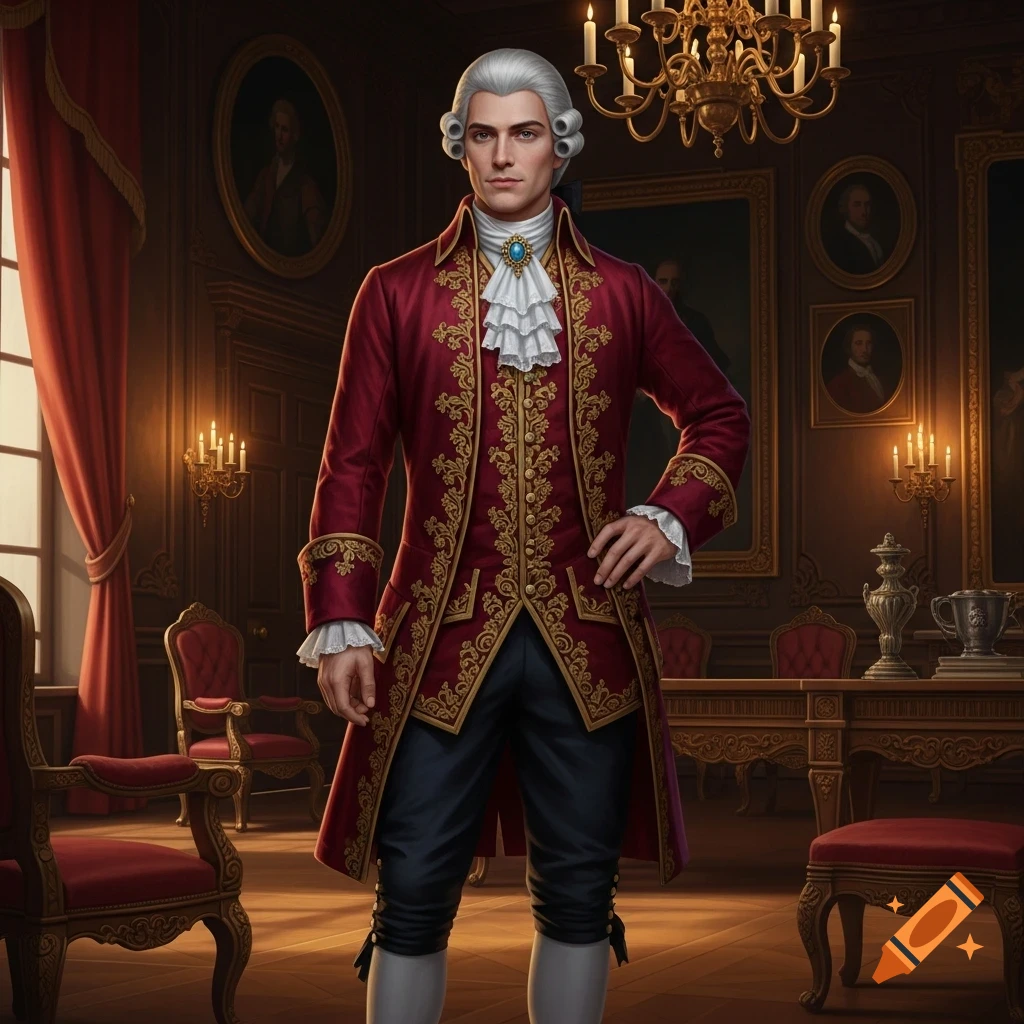 A dandy in a red embroidered coat, white wig, and ruffled shirt stands in an opulent, candlelit historical room.