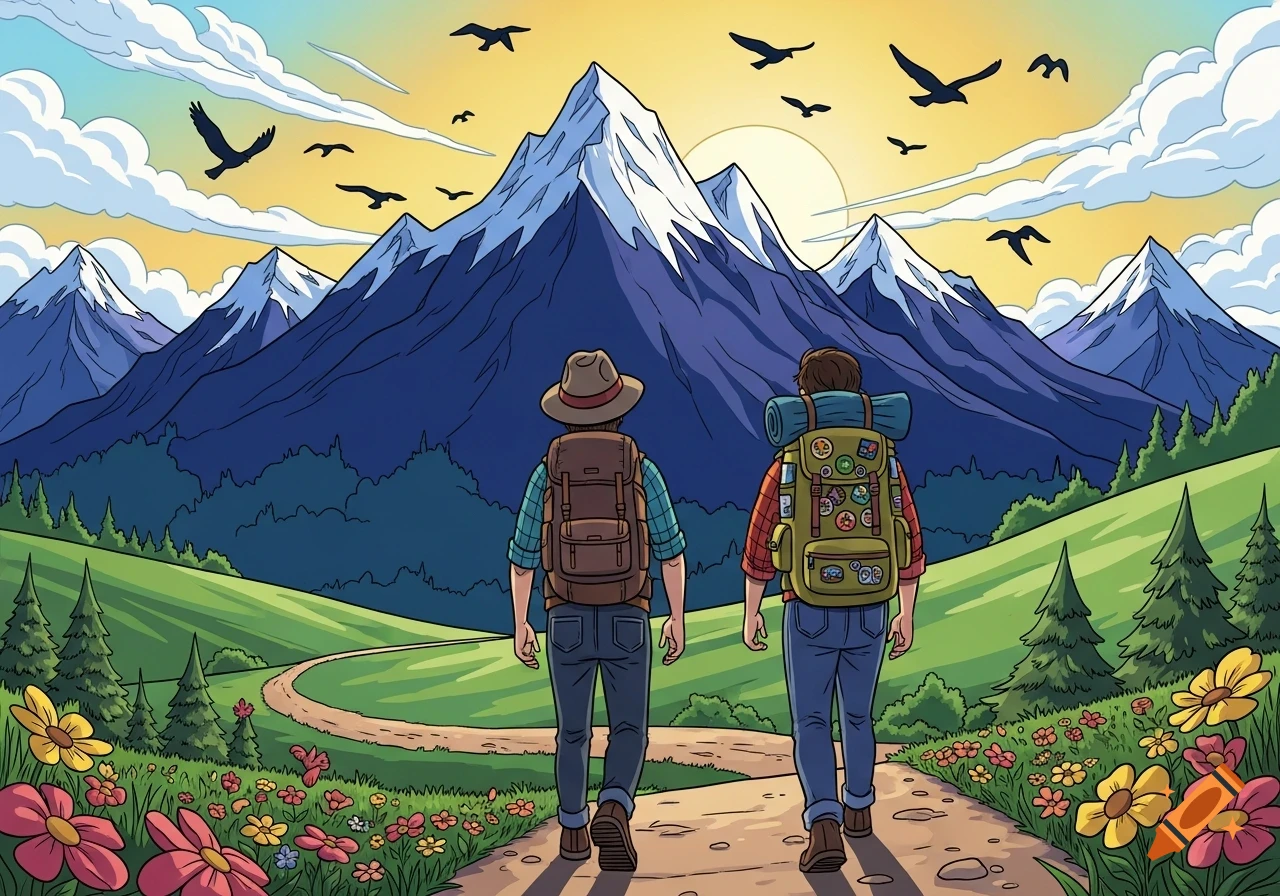 Two hikers with backpacks walk on a winding path towards large, snow-capped mountains under a colorful sky, in a comic style.