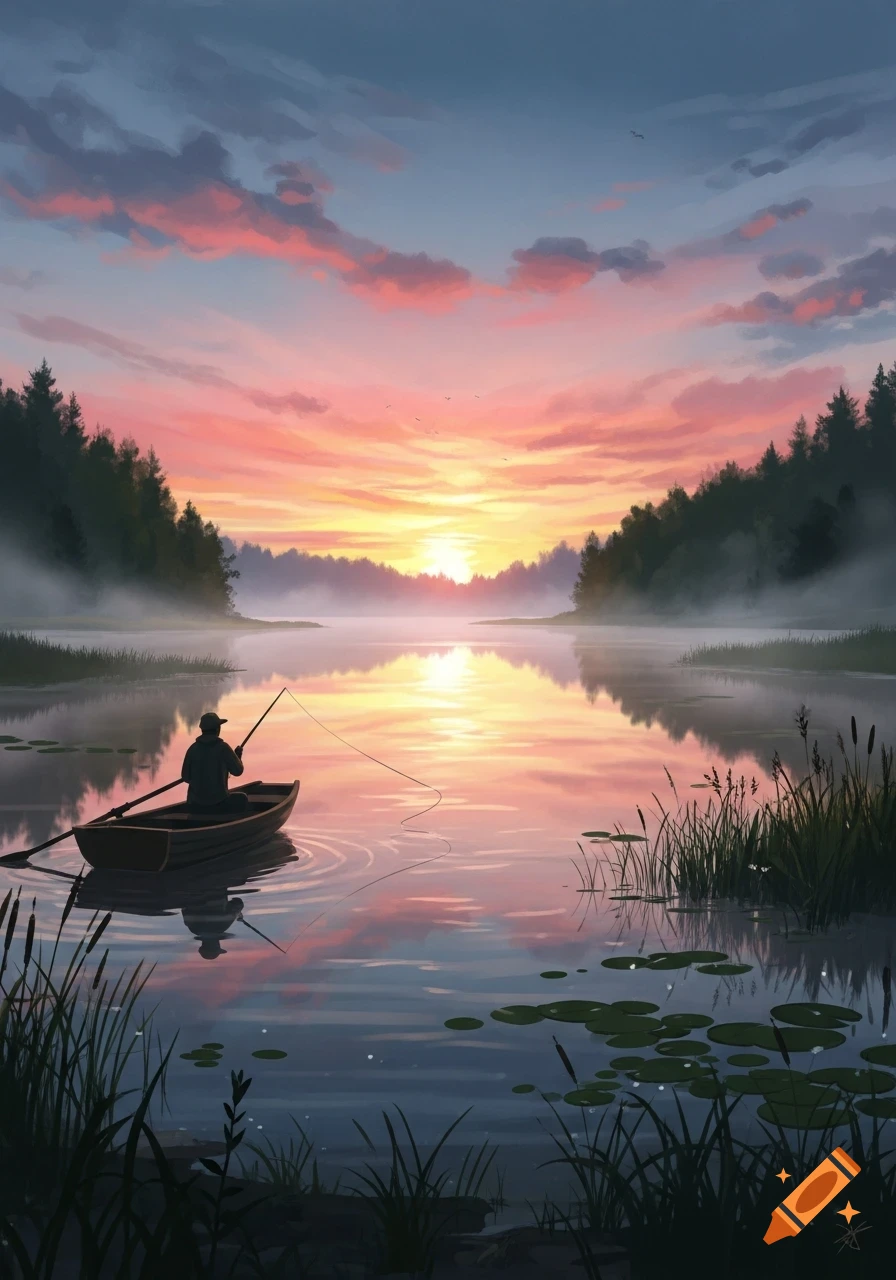 A person in a boat fishes on a misty lake at sunset, surrounded by forests, in a serene painterly illustration.