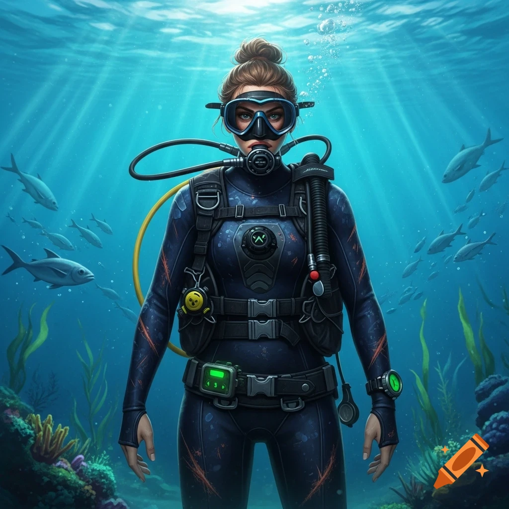 A woman in dark, scratched scuba gear stands underwater amidst fish and coral, light rays shining from above.