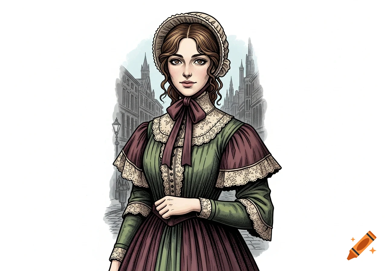 A full-color illustration of a young woman in a green and maroon Victorian dress and bonnet, standing against a city background.