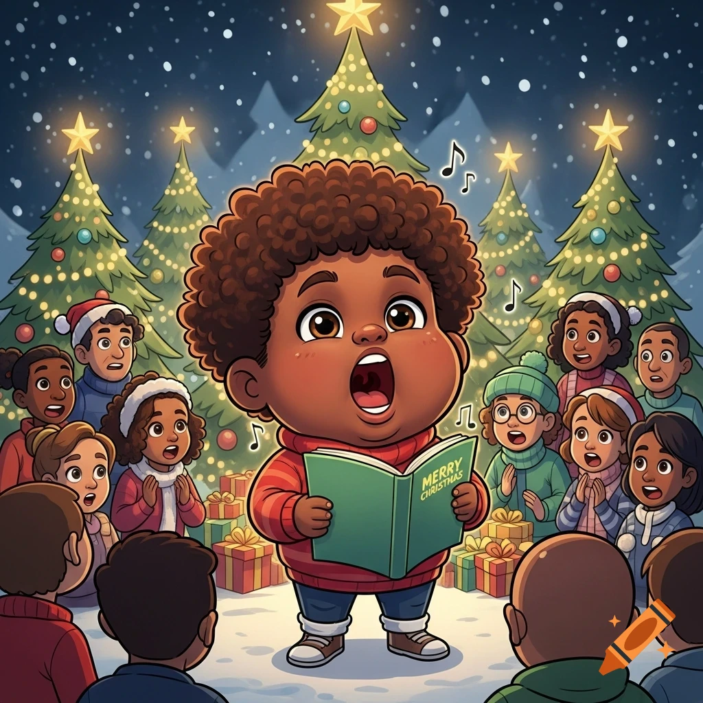 A cartoon of a young Black child singing Christmas carols from a book, surrounded by a crowd and lit trees in a snowy scene.