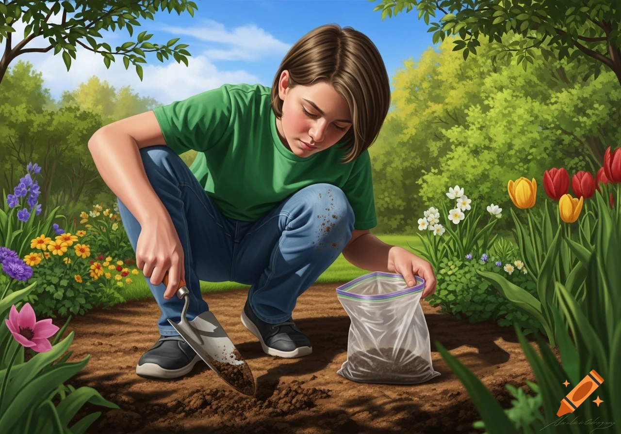 A teenager crouches in a lush garden, using a trowel to dig soil into a plastic bag, surrounded by colorful flowers under a blue sky.