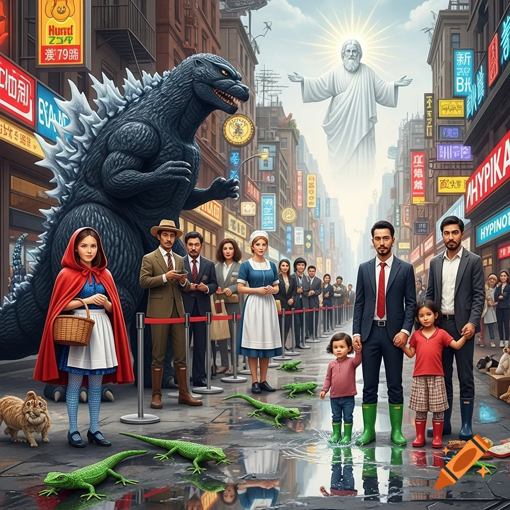 A surreal city street scene with Godzilla, Little Red Riding Hood, a family in rubber boots, a maid, and a glowing Jesus figure floating above, surrounded by green lizards on wet pavement and neon signs.