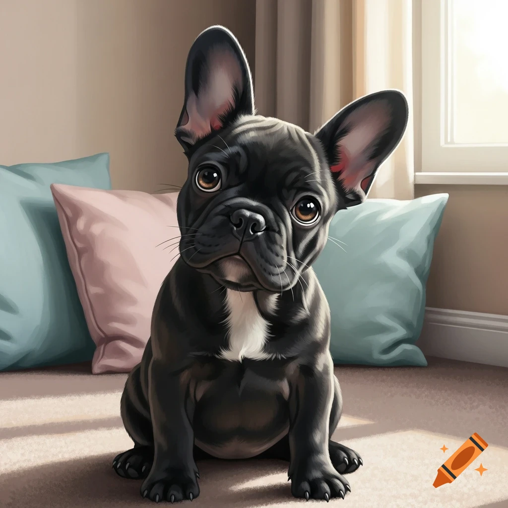 A cute black French Bulldog puppy with big ears and brown eyes sits on a carpet, surrounded by blue and pink pillows.