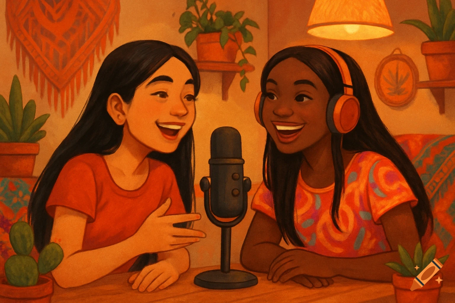 Colorful illustration of two smiling teenagers, one Latina and one Black, recording a podcast in a cozy room.