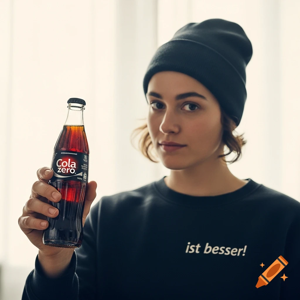 A woman in a black beanie and sweatshirt holds a bottle of Cola Zero, looking confidently at the camera.