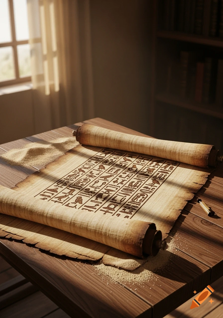 An ancient papyrus scroll with hieroglyphs and scattered sand lies open on a wooden table, illuminated by sunlight from a window.