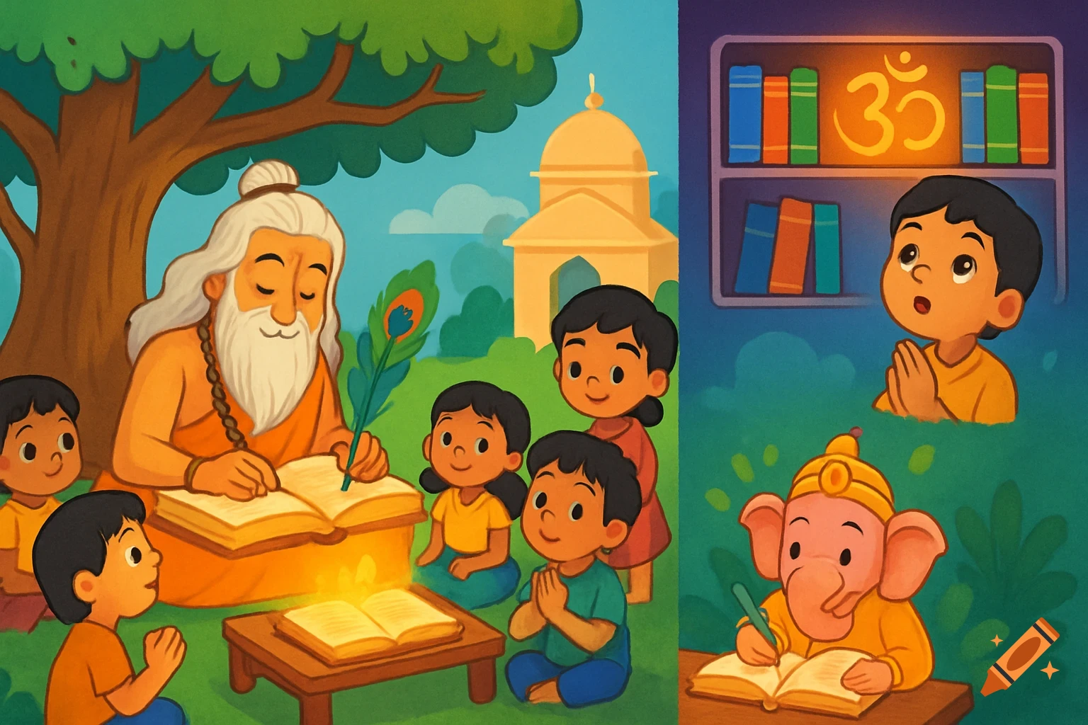 Vibrant children's illustration: Indian sage teaching children, boy praying to Om symbol, and Lord Ganesha writing.