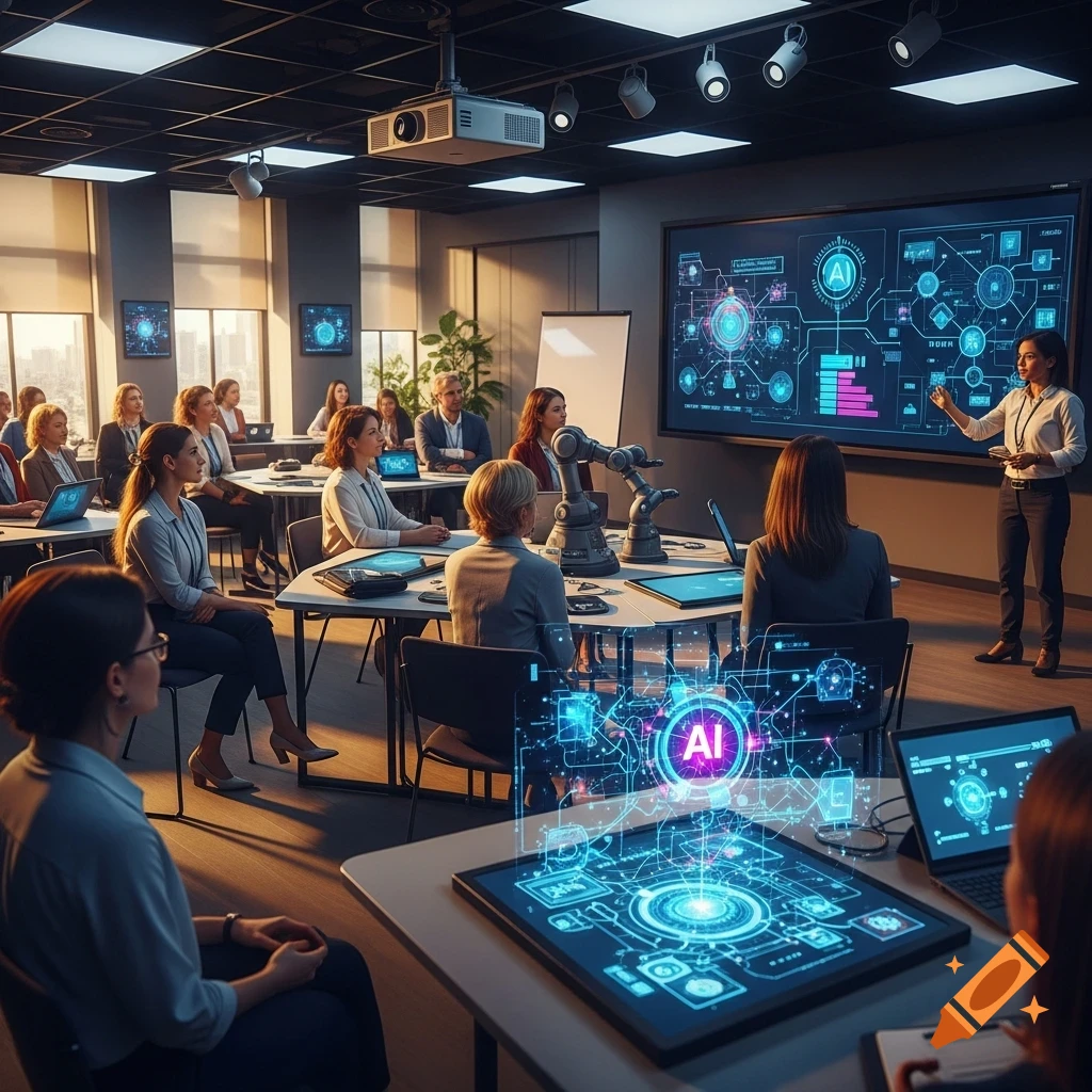 A diverse group of adults attends an AI introduction seminar in a modern classroom, with large screens displaying data and holographic projections of AI concepts.