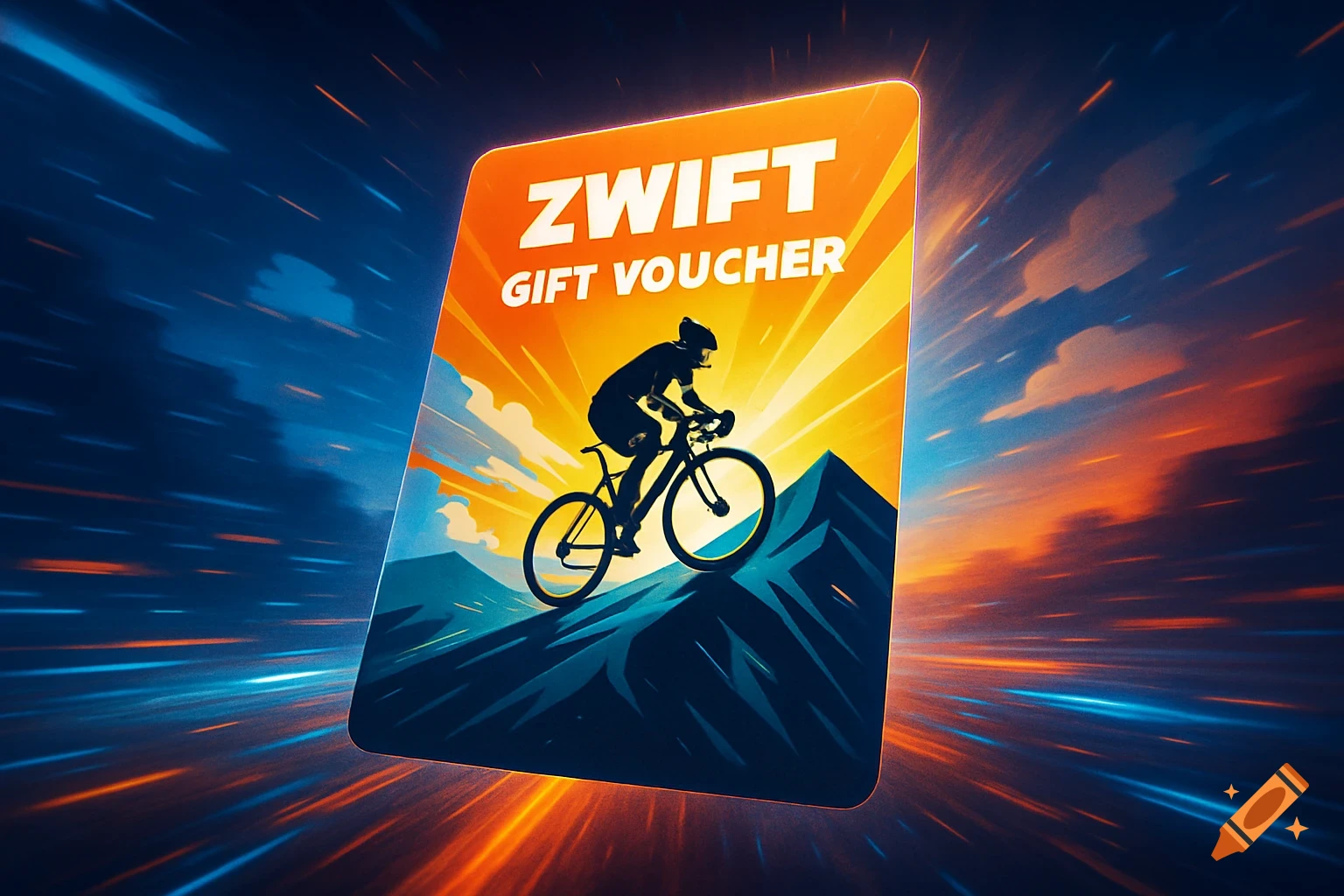 A Zwift Gift Voucher featuring a silhouetted cyclist on a mountain, set against a dynamic, colorful sky.