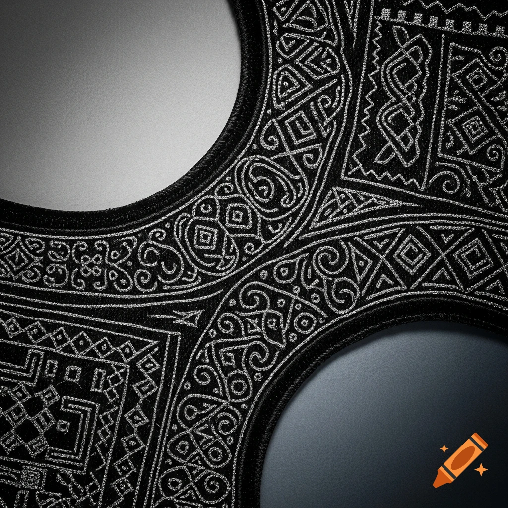 Close-up of a black textile patch with intricate silver embroidery, featuring abstract geometric and swirling patterns.
