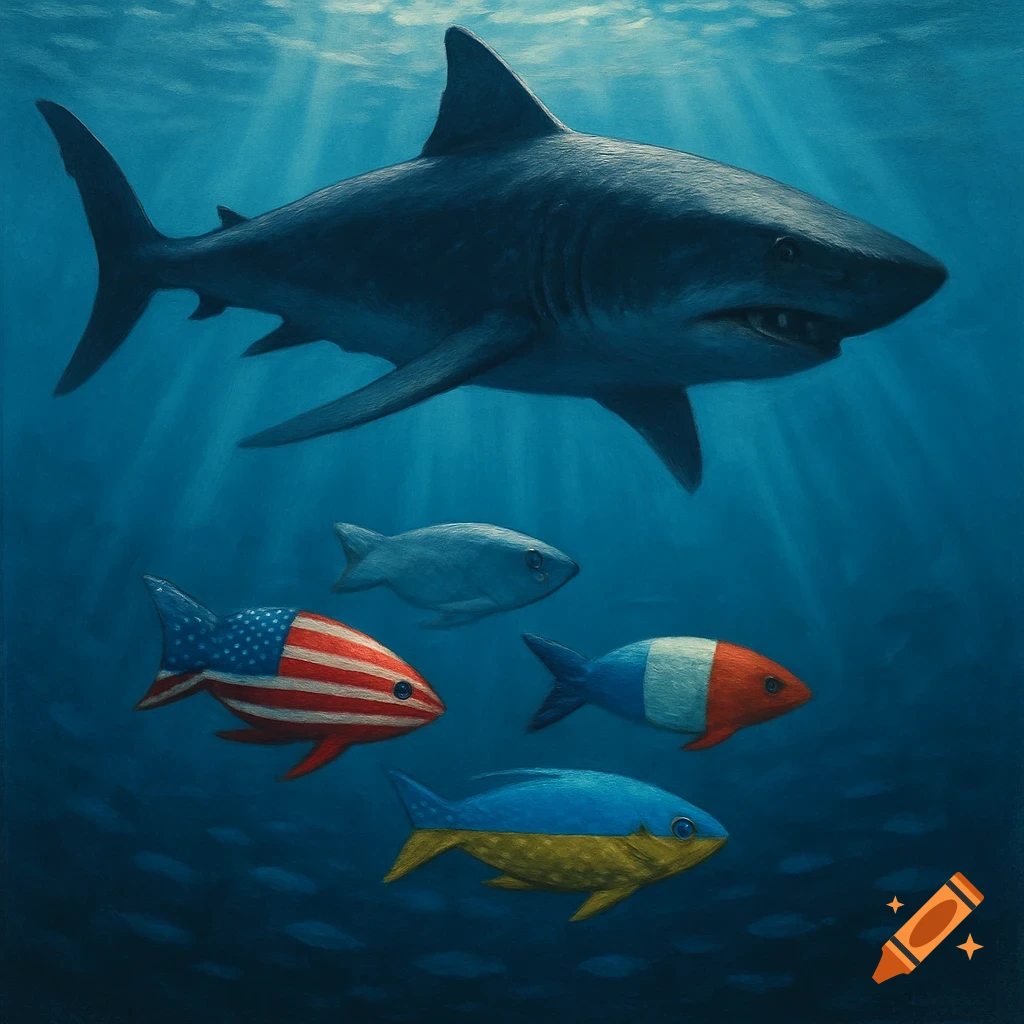 A large shark swims above smaller fish painted with the flags of the USA, France, and Ukraine, in an underwater illustration.