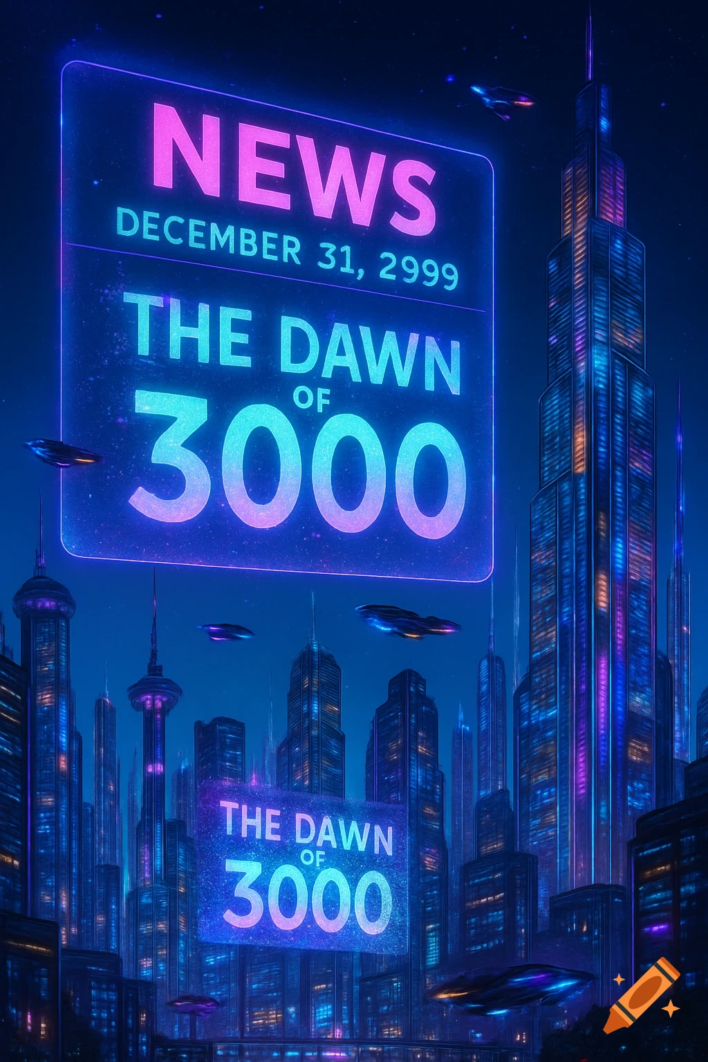 Neon news headline 'THE DAWN OF 3000' on Dec 31, 2999, over a futuristic city with flying vehicles at night, sci-fi art.