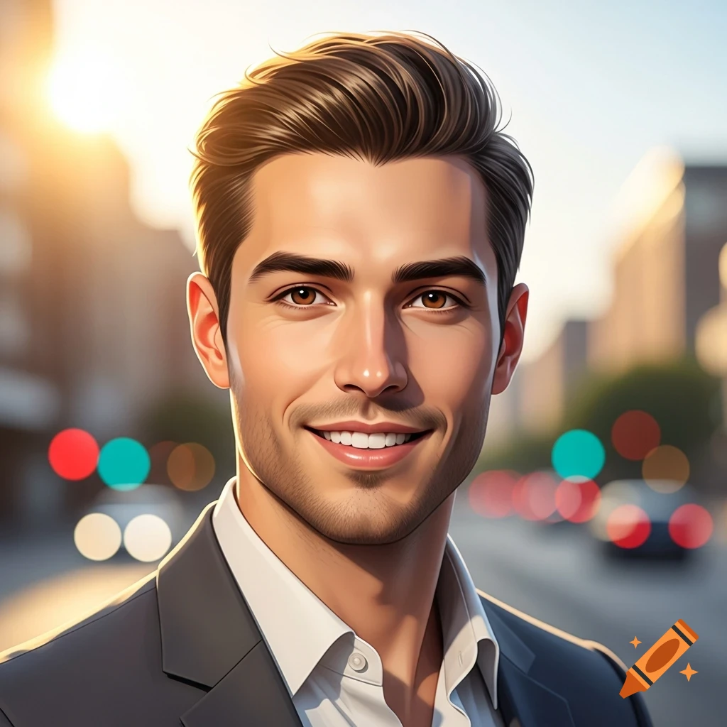 Photorealistic portrait of a smiling man in a suit jacket, with a blurry city street and warm sunlight in the background.