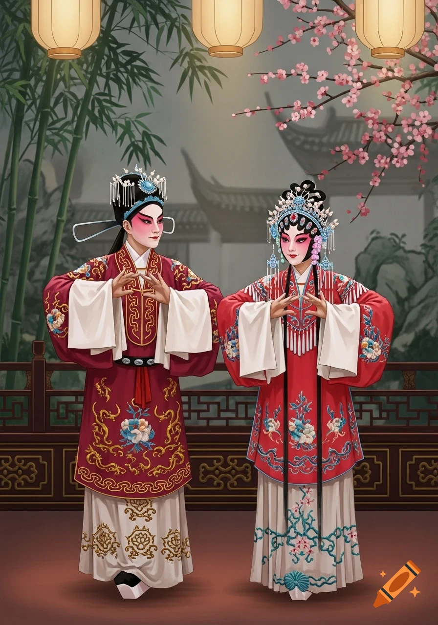 Two Chinese Kunqu opera performers in elaborate red and white costumes with painted faces and ornate headwear, under lanterns.